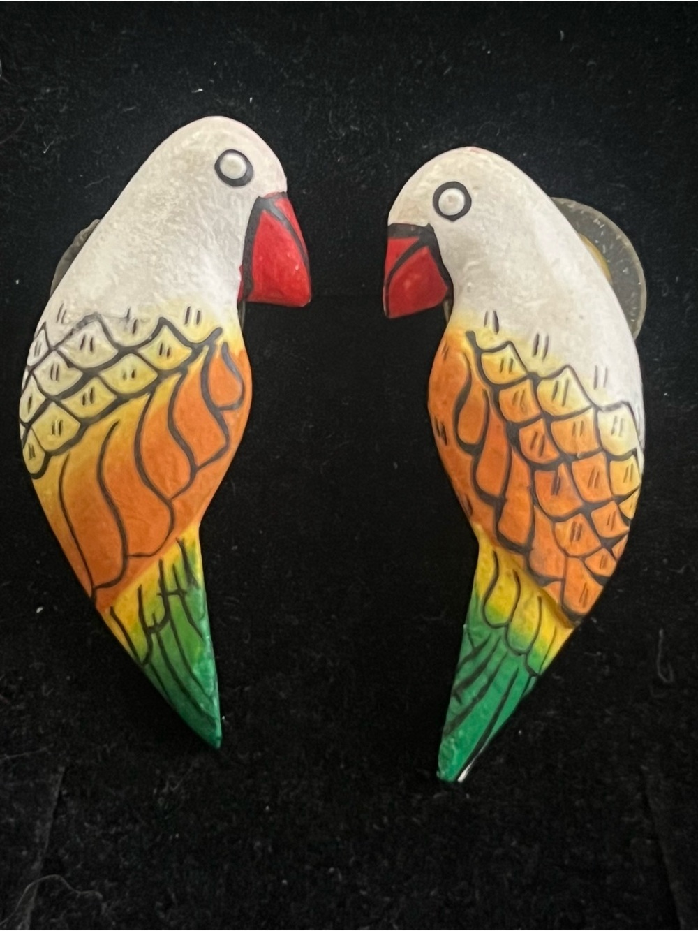 Vtg Hand-Painted Parrot Bird Earrings in White, Orange, Green